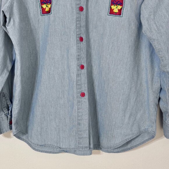 Vtg Christmas Stamps Denim Button Down Shirt Embroidered Holiday Festive Teacher - Picture 6 of 16